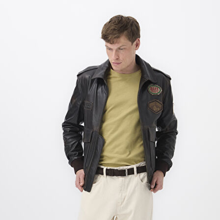 Piero Koyu Kahve Erkek Vintage Deri Biker Ceket