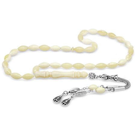 Kararmaz Metal Su Damlası Püsküllü Arpa Kesim Natural Renk Deve Kemiği Tesbih