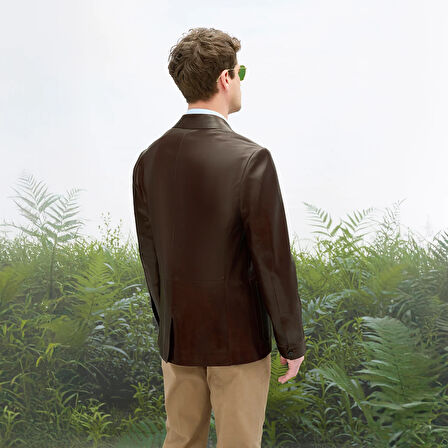 Erkek Kahve Gömlek Yaka Deri Blazer Ceket