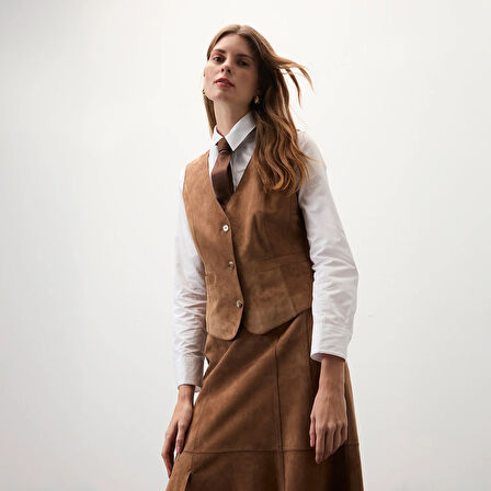 Alaqua Kahve Kadın Süet Deri Yelek