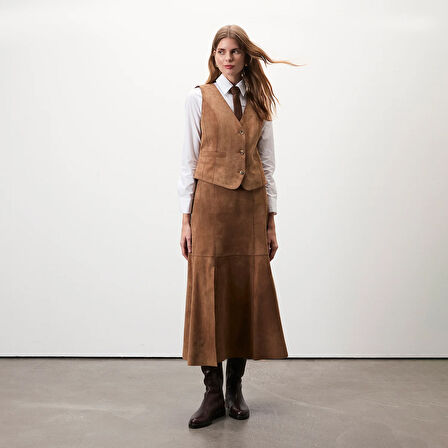 Alaqua Kahve Kadın Süet Deri Yelek