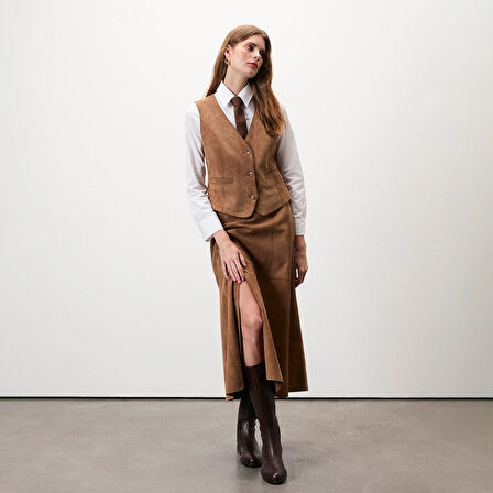 Alaqua Kahve Kadın Süet Deri Yelek