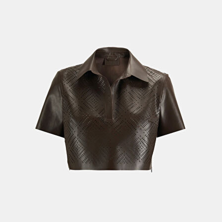 Kadın Kahve Lazer Kesimli Kısa Perforeli Deri Gömlek