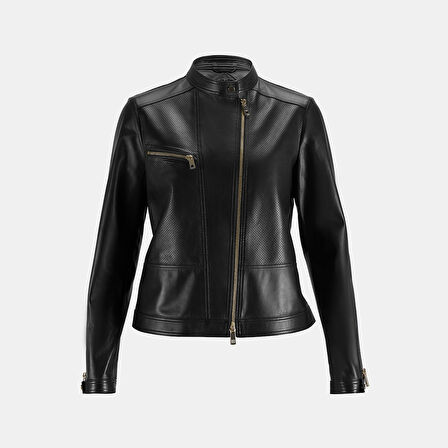 Kadın Siyah Perfore Detaylı Deri Ceket