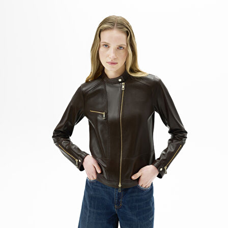 Kadın Kahve Perfore Detaylı Deri Ceket