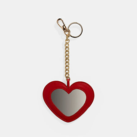 Kırmızı Kalpli Çift Taraflı Aynalı Deri Anahtarlık