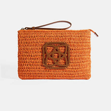 Kadın Turuncu Monogram Logolu Hasır El Çantası