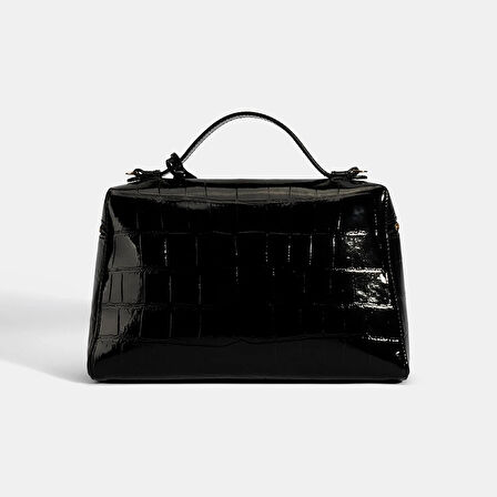 Kadın Siyah Kroko Baskılı Rugan Deri El Çantası
