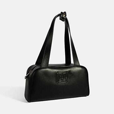 Kadın Siyah Monogram Logolu Deri Omuz Çantası