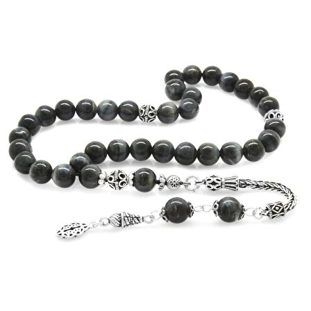 925 Ayar Gümüş Püsküllü Küre Kesim Gri Kaplangözü Doğaltaş Tesbih