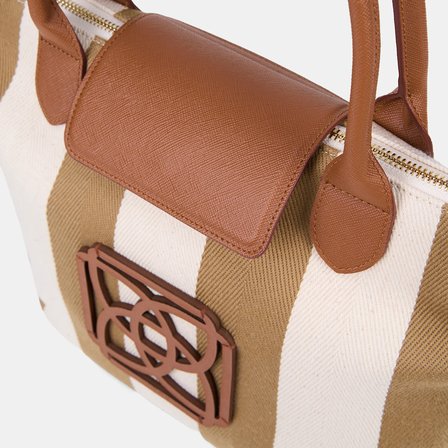 Kadın Monogram Logolu Vizon Çizgili Kumaş Midi Omuz Çantası