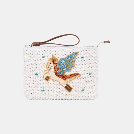 Kadın Beyaz Unicorn Detaylı Hasır Clutch Çanta
