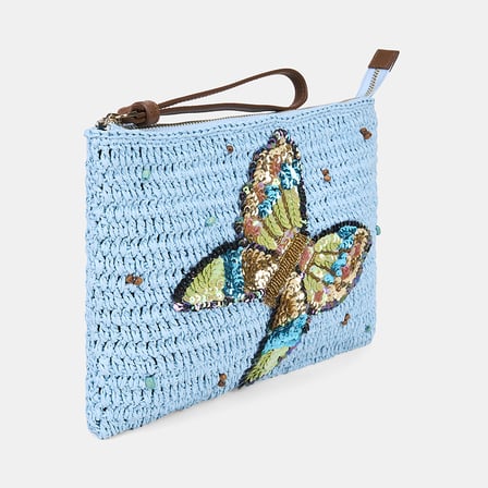 Kadın Mavi Yusufçuk Figürlü Hasır Clutch Çanta