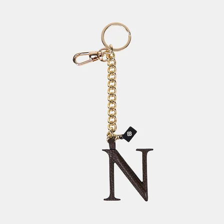 Acı Kahve N Harfi Gold Zincirli Deri Charm / Anahtarlık