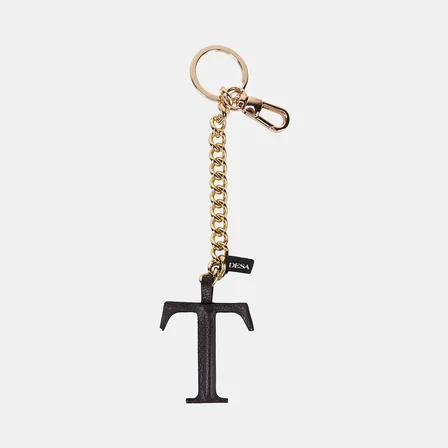Acı Kahve T Harfi Gold Zincirli Deri Charm / Anahtarlık