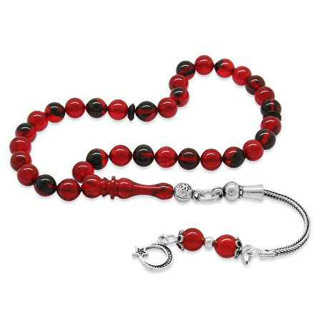925 Ayar Gümüş Püsküllü Küre Kesim Bilek Boy Kırmızı-Siyah Ateş Kehribar Tesbih