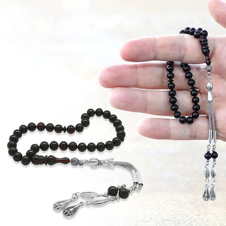 Kararmaz Metal Püsküllü Küre Kesim Bilek Boy Kırmızı-Siyah Ateş Kehribar Tesbih