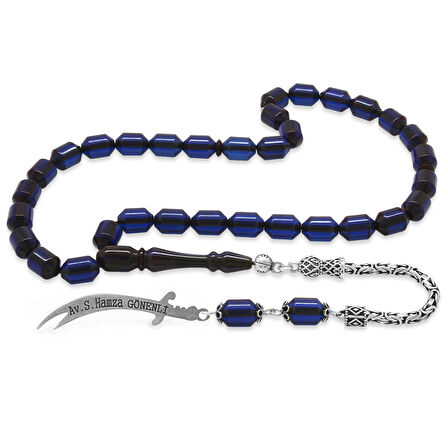 925 Ayar Gümüş Kral Püsküllü Uçlu Kapsül Kesim Kişiye Özel İsim Yazılı Lacivert Sıkma Kehribar Tesbih