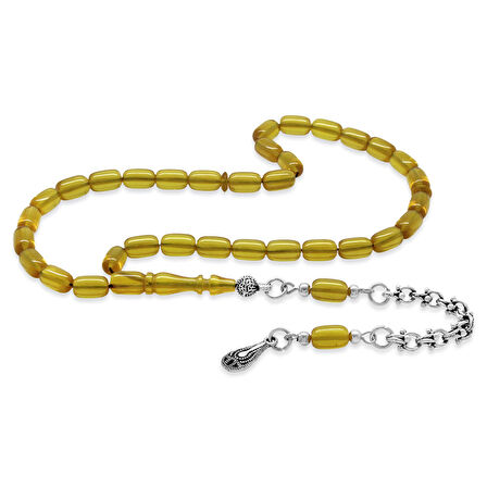 Kararmaz Metal Arnavut Zincir Püsküllü Kapsül Kesim Soft Sarı Bilek Boy Ateş Kehribar Tesbih