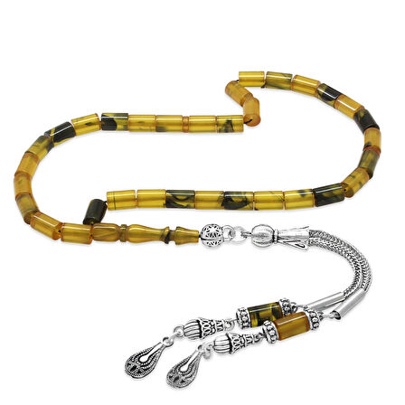 Kararmaz Metal 2'li Kamçı Püsküllü Kesme Kesim Bilek Boy Sarı-Siyah Ateş Kehribar Tesbih