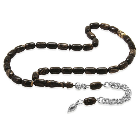 Sıkma Kehribar Tesbih - Kararmaz Metal Püsküllü - Bilek Boy - Ebruli Renk - Kapsül Kesim