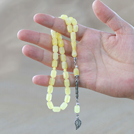 Kararmaz Metal Kafes Zincir Püsküllü Kapsül Kesim Sarı-Beyaz Hareli Beyrut Kehribar Tesbih