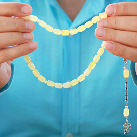 Kararmaz Metal Kafes Zincir Püsküllü Kapsül Kesim Sarı-Beyaz Hareli Beyrut Kehribar Tesbih