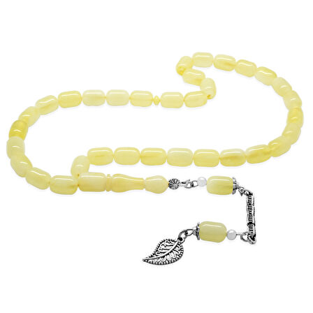 Kararmaz Metal Kafes Zincir Püsküllü Kapsül Kesim Sarı-Beyaz Hareli Beyrut Kehribar Tesbih