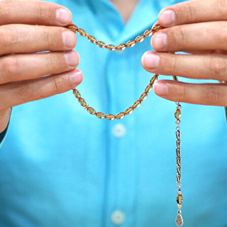 Kararmaz Metal Kafes Zincir Püsküllü Arpa Kesim Şeffaf Renk Bilek Boy Ateş Kehribar Tesbih