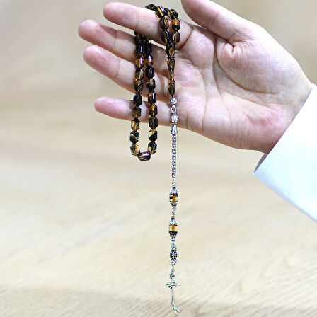 Kararmaz Metal Arnavut Püsküllü Uçlu Kapsül Kesim Siyah-Beyaz Ateş Kehribar Tesbih