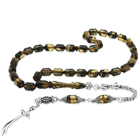 Kararmaz Metal Arnavut Püsküllü Uçlu Kapsül Kesim Siyah-Beyaz Ateş Kehribar Tesbih