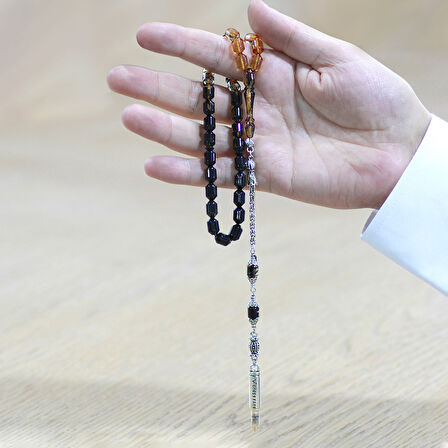 Kararmaz Metal Arnavut Püsküllü Uçlu Kapsül Kesim Süzme Siyah-Beyaz Ateş Kehribar Tesbih