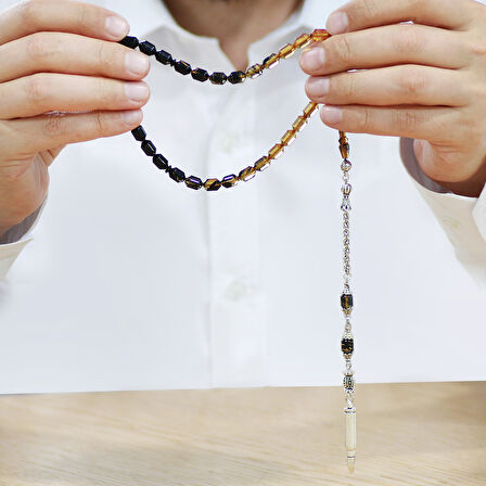 Kararmaz Metal Arnavut Püsküllü Uçlu Kapsül Kesim Süzme Siyah-Beyaz Ateş Kehribar Tesbih