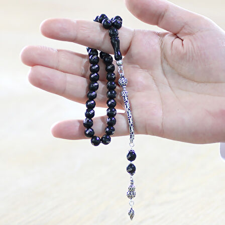 925 Ayar Gümüş Kral Zincir Püsküllü Gümüş İşlemeli Küre Kesim Rus Oltu Tesbih