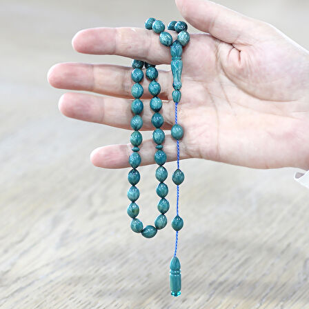 Sistemli Arpa Kesim Turkuaz-Beyaz Sıkma Kehribar Tesbih