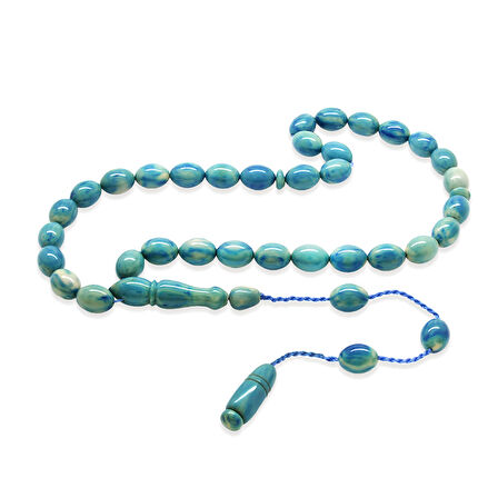 Sistemli Arpa Kesim Turkuaz-Mavi Sıkma Kehribar Tesbih