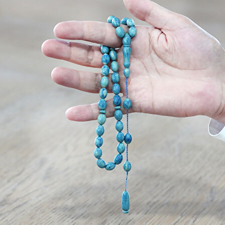 Sistemli Arpa Kesim Turkuaz-Mavi Sıkma Kehribar Tesbih