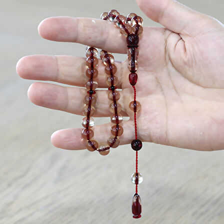 Sistemli Küre Kesim Kırmızı İmame Kombinli Şeffaf Ateş Kehribar Tesbih