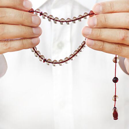 Sistemli Küre Kesim Kırmızı İmame Kombinli Şeffaf Ateş Kehribar Tesbih