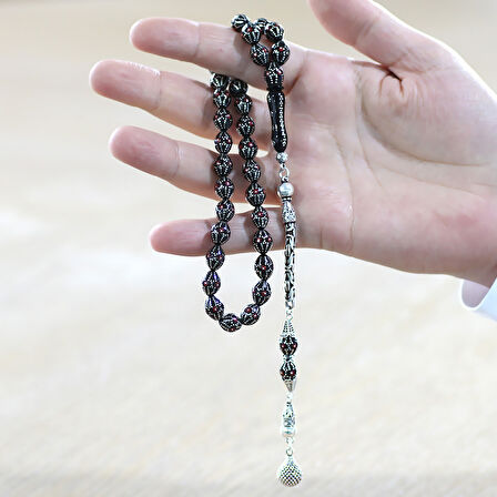 925 Ayar Gümüş Kral Zincir Püsküllü Gümüş-Mercan İşlemeli Arpa Kesim Erzurum Oltu Taşı Tesbih