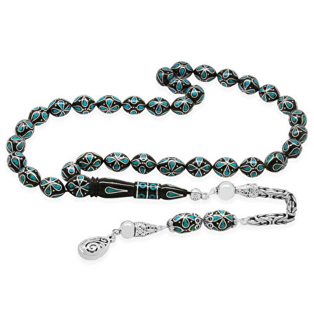 925 Ayar Gümüş Kral Zincir Püsküllü Gümüş Firuze İşlemeli Erzurum Oltu Taşı Tesbih