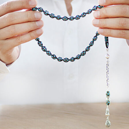 925 Ayar Gümüş Kral Zincir Püsküllü Gümüş Firuze İşlemeli Erzurum Oltu Taşı Tesbih