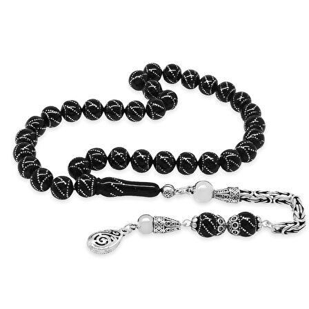 925 Ayar Gümüş Kral Zincir Püsküllü Gümüş Yanburgu İşlemeli Erzurum Oltu Taşı Tesbih