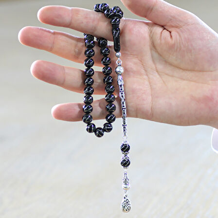 925 Ayar Gümüş Kral Zincir Püsküllü Gümüş Yanburgu İşlemeli Erzurum Oltu Taşı Tesbih