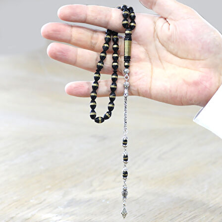 Kararmaz Metal Arnavut Zincir Püsküllü Pirinç Sarmal Arpa Kesim Siyah Kuka Tesbih