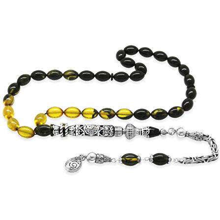 925 Ayar Gümüş Kral Püsküllü Nakkaş İmameli Cevşen Tasarım Süzme Sarı Siyah Ateş Kehribar Tesbih