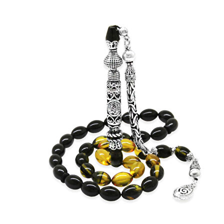 925 Ayar Gümüş Kral Püsküllü Nakkaş İmameli Cevşen Tasarım Süzme Sarı Siyah Ateş Kehribar Tesbih