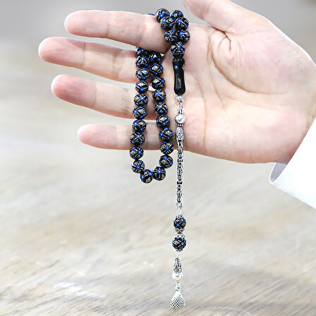 925 Ayar Gümüş Kral Zincir Püsküllü Firuze Gümüş İşleme Küre Kesim Erzurum Oltu Taşı Tesbih