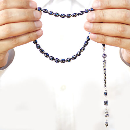 925 Ayar Gümüş Kral Zincir Püsküllü Arpa Kesim Gümüş Firuze İşlemeli Erzurum Oltu Taşı Tesbih