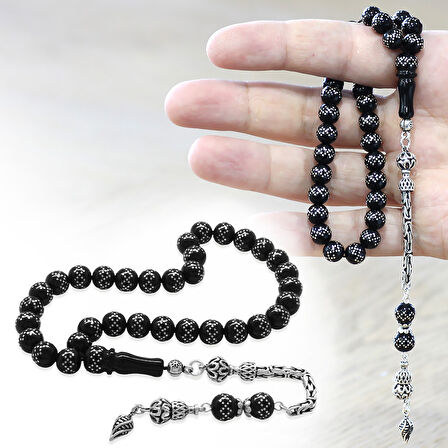 925 Ayar Gümüş Kral Zincir Püsküllü Gümüş İşlemeli Rus Oltu Tesbih